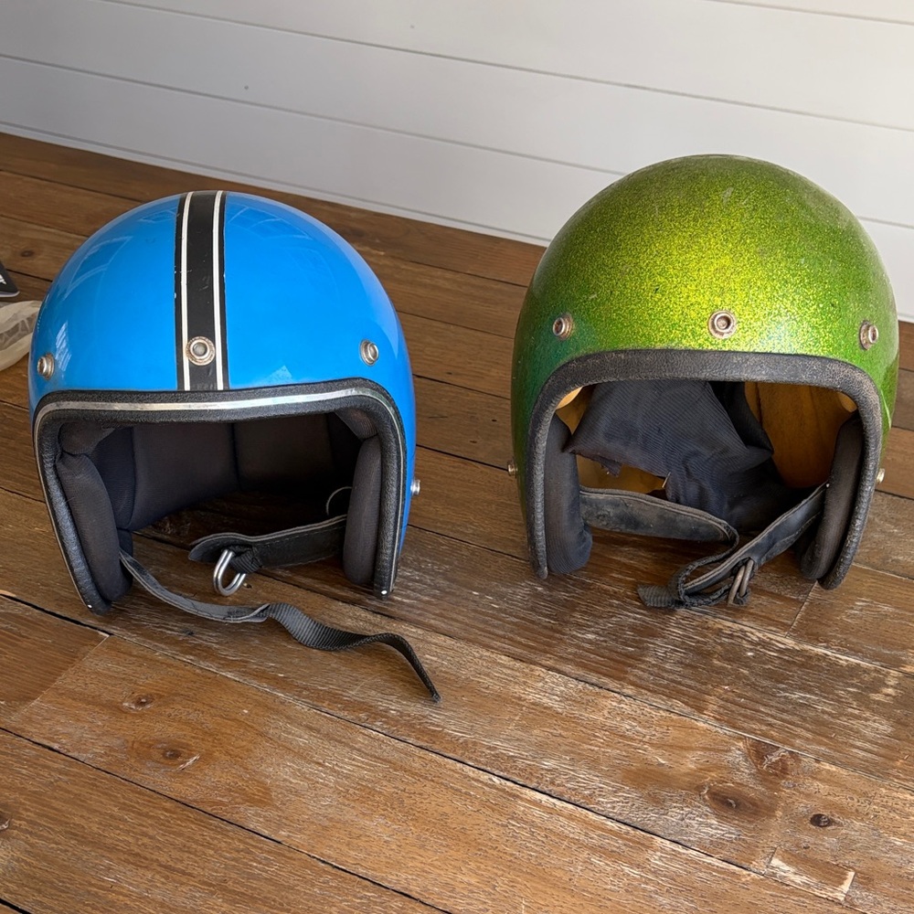 Blue and Green Vintage Helmets